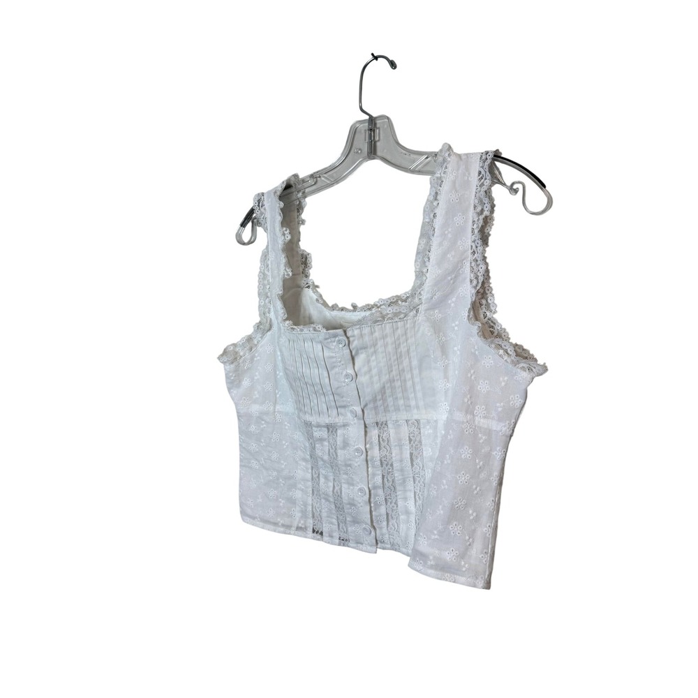 Le Lis Tank Top Womens Large White Eyelet Lace Button Front Lined Floral Cami